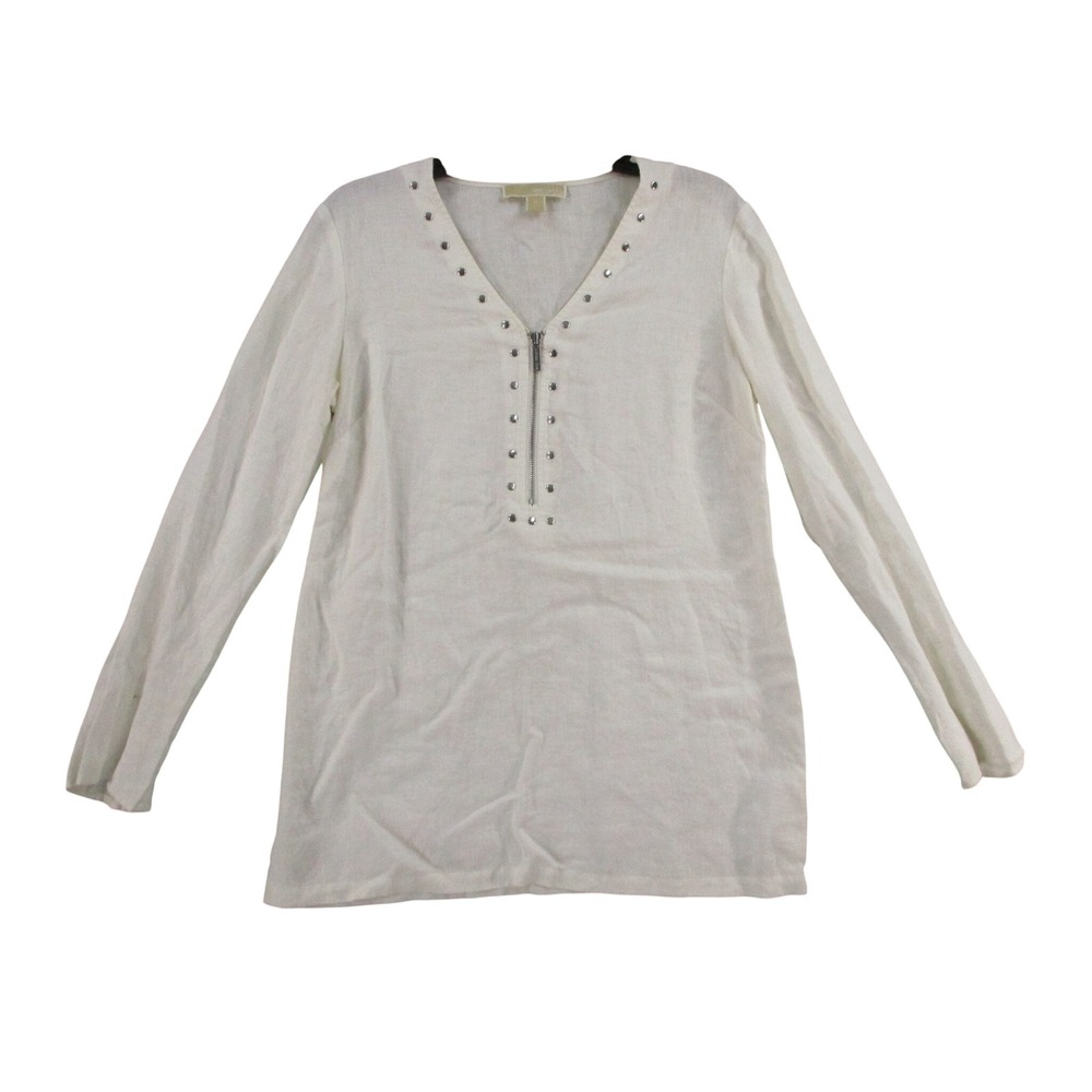 Michael Michael Kors Womens White 100% Linen Studded Zip V-Neck Top Medium